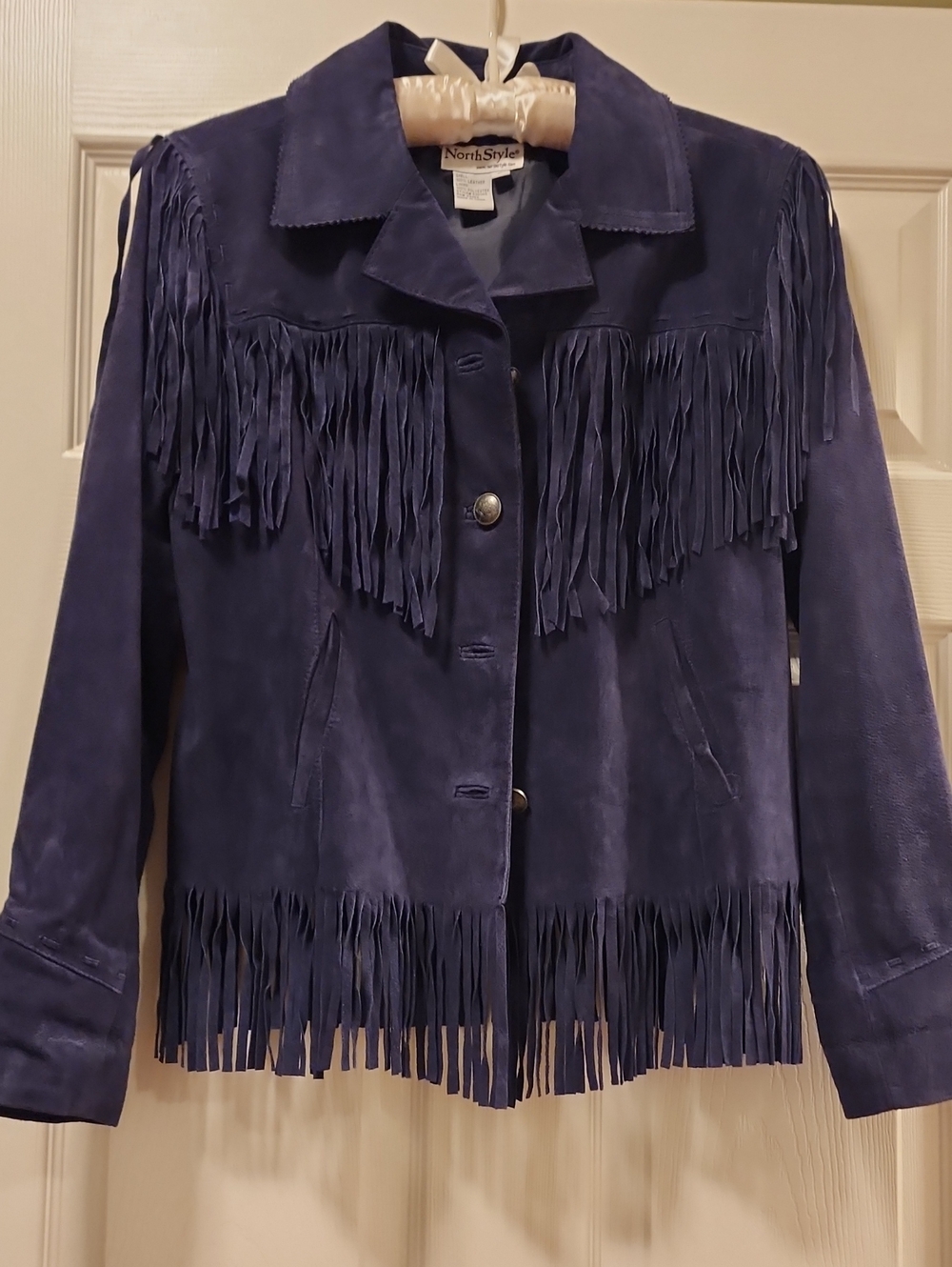 NorthStyle Women's Fringe Suede Jacket in Deep Navy